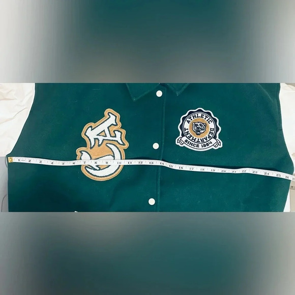 Garage | Varsity Jacket, Size M/L, Green with ivory white faux leather sleeves - Picture 9 of 10